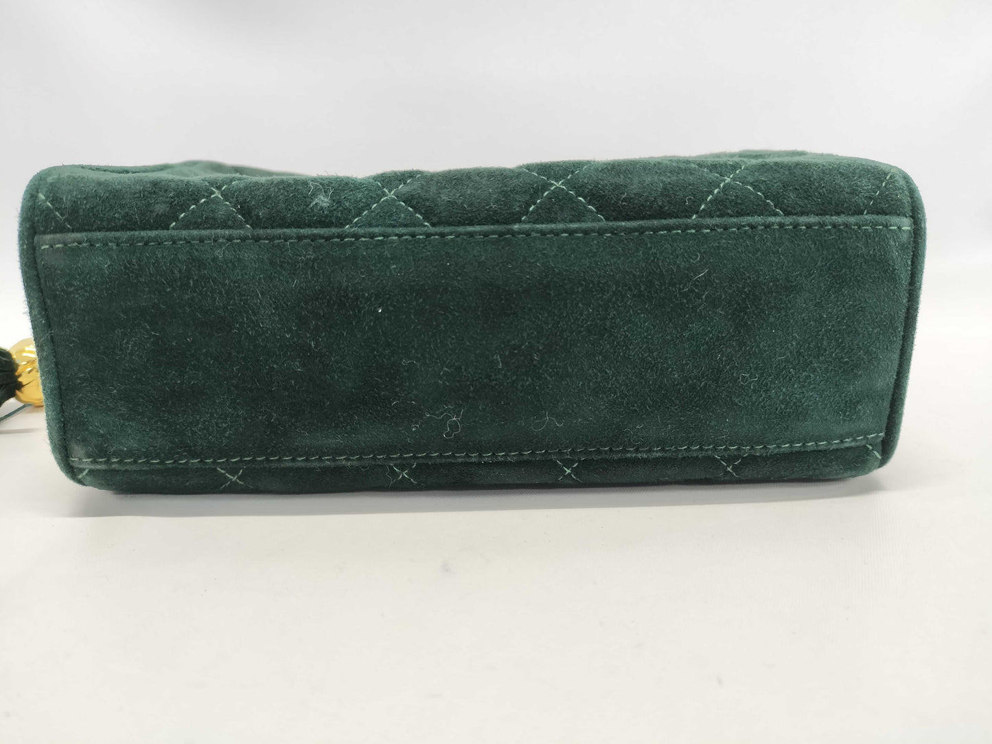CHANEL Suede Ball Chain Shoulder Bag, Green, Sticker and Card Included