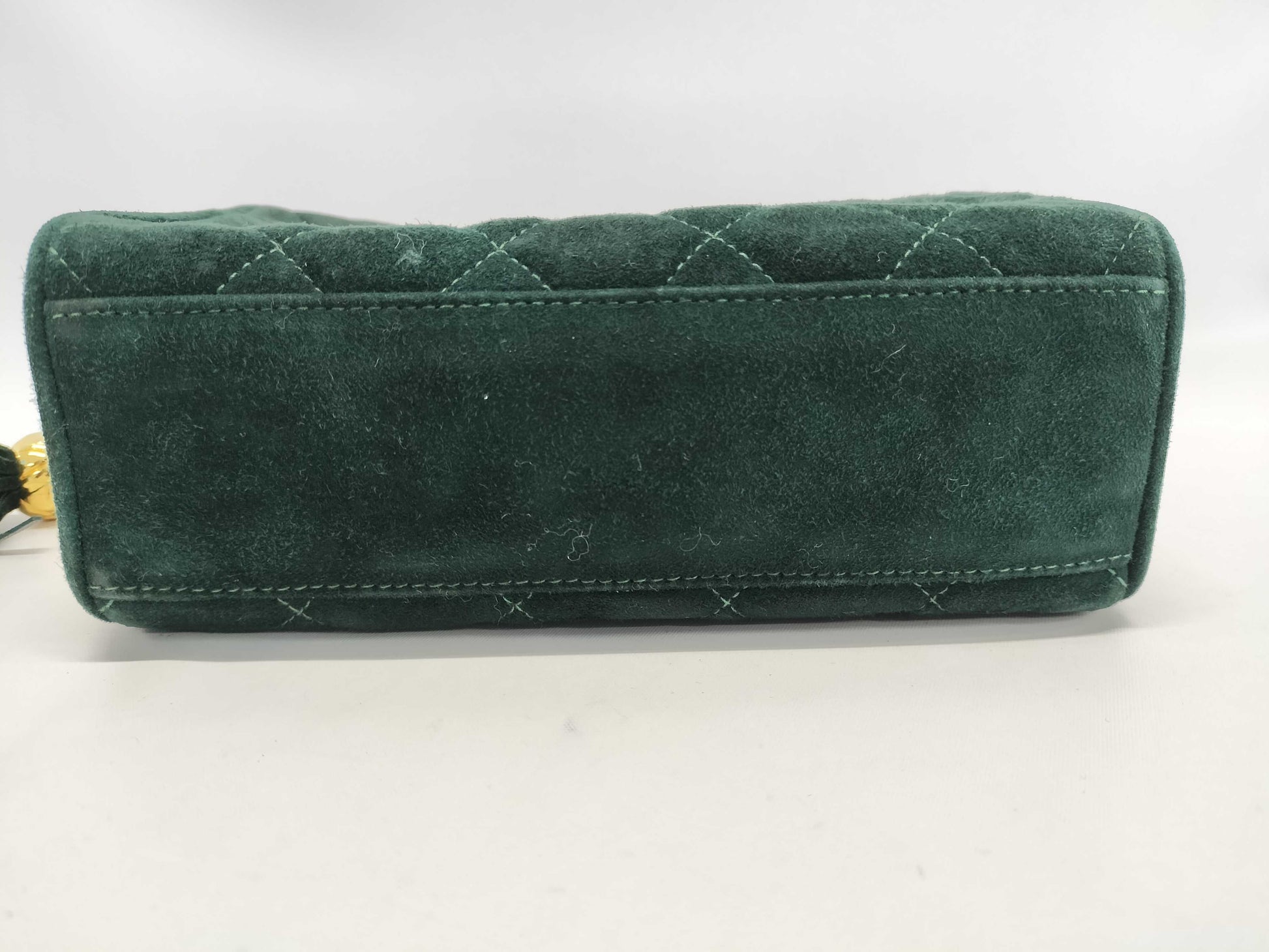 CHANEL Suede Ball Chain Shoulder Bag, Green, Sticker and Card Included