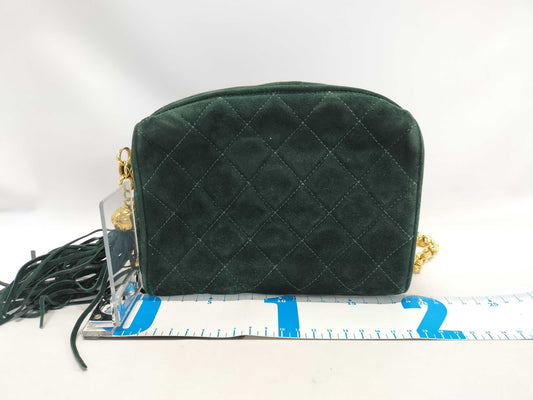 CHANEL Suede Ball Chain Shoulder Bag, Green, Sticker and Card Included