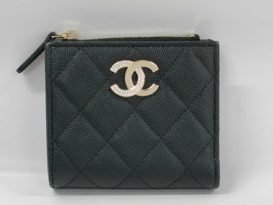 CHANEL Caviar Coco Mark Rhinestone Compact Wallet, Random Number