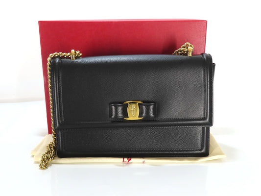 Salvatore Ferragamo Vara Chain Shoulder Bag in Black Leather