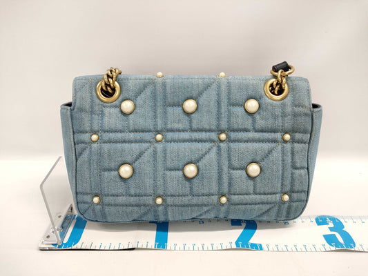 GUCCI GG Marmont Chain Shoulder Bag in Denim and Faux Pearl, Indigo Blue, 443497 498879