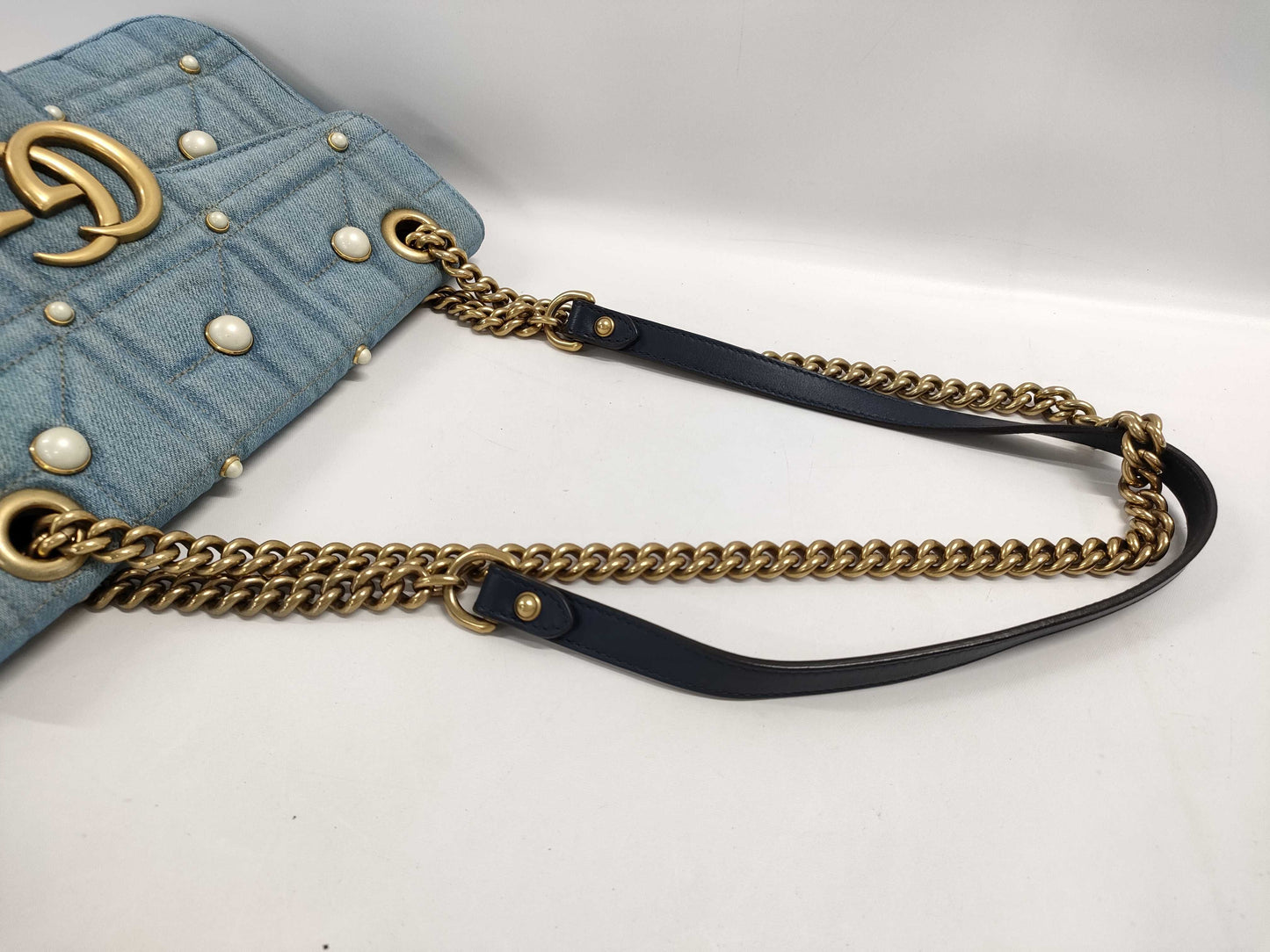 GUCCI GG Marmont Chain Shoulder Bag in Denim and Faux Pearl, Indigo Blue, 443497 498879