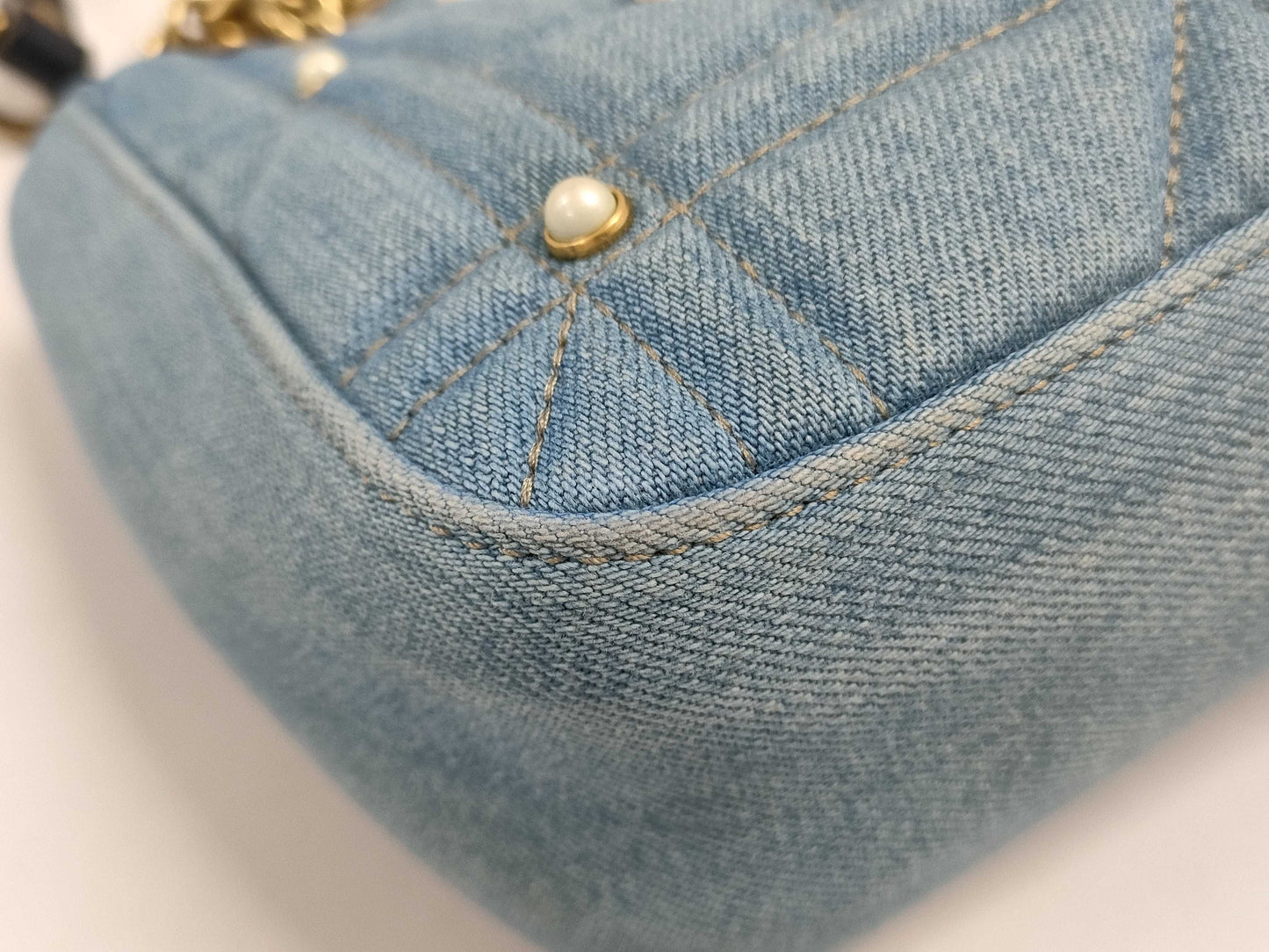 GUCCI GG Marmont Chain Shoulder Bag in Denim and Faux Pearl, Indigo Blue, 443497 498879