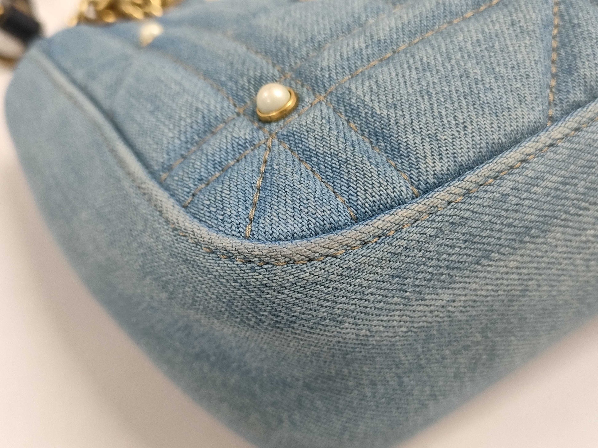 GUCCI GG Marmont Chain Shoulder Bag in Denim and Faux Pearl, Indigo Blue, 443497 498879
