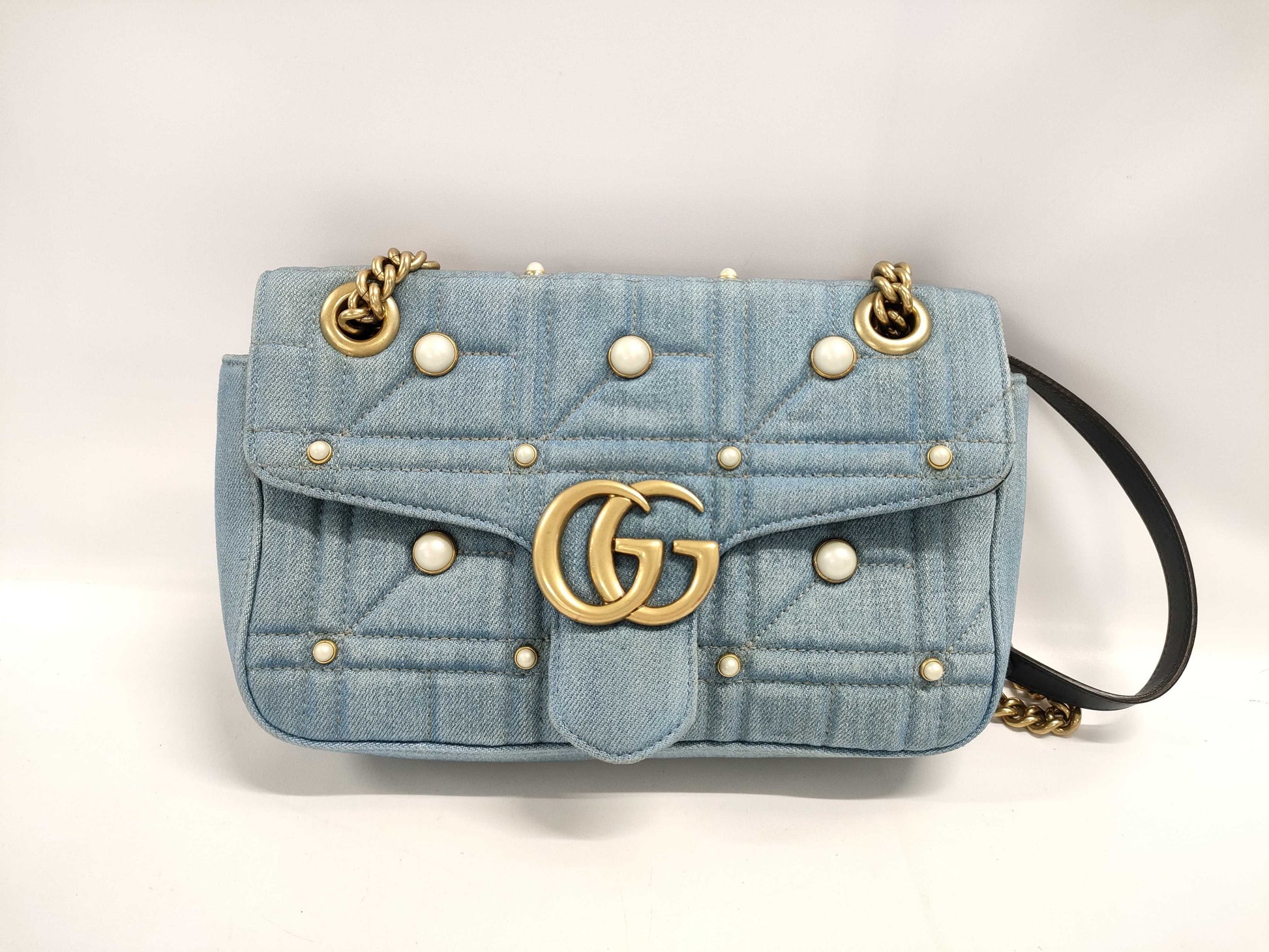 GUCCI GG Marmont Chain Shoulder Bag in Denim and Faux Pearl, Indigo Blue, 443497 498879