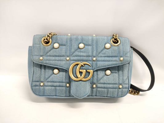 GUCCI GG Marmont Chain Shoulder Bag in Denim and Faux Pearl, Indigo Blue, 443497 498879