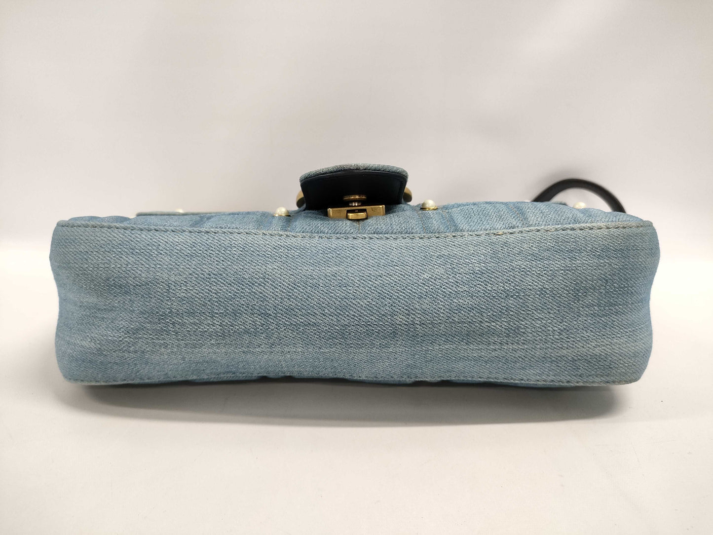 GUCCI GG Marmont Chain Shoulder Bag in Denim and Faux Pearl, Indigo Blue, 443497 498879