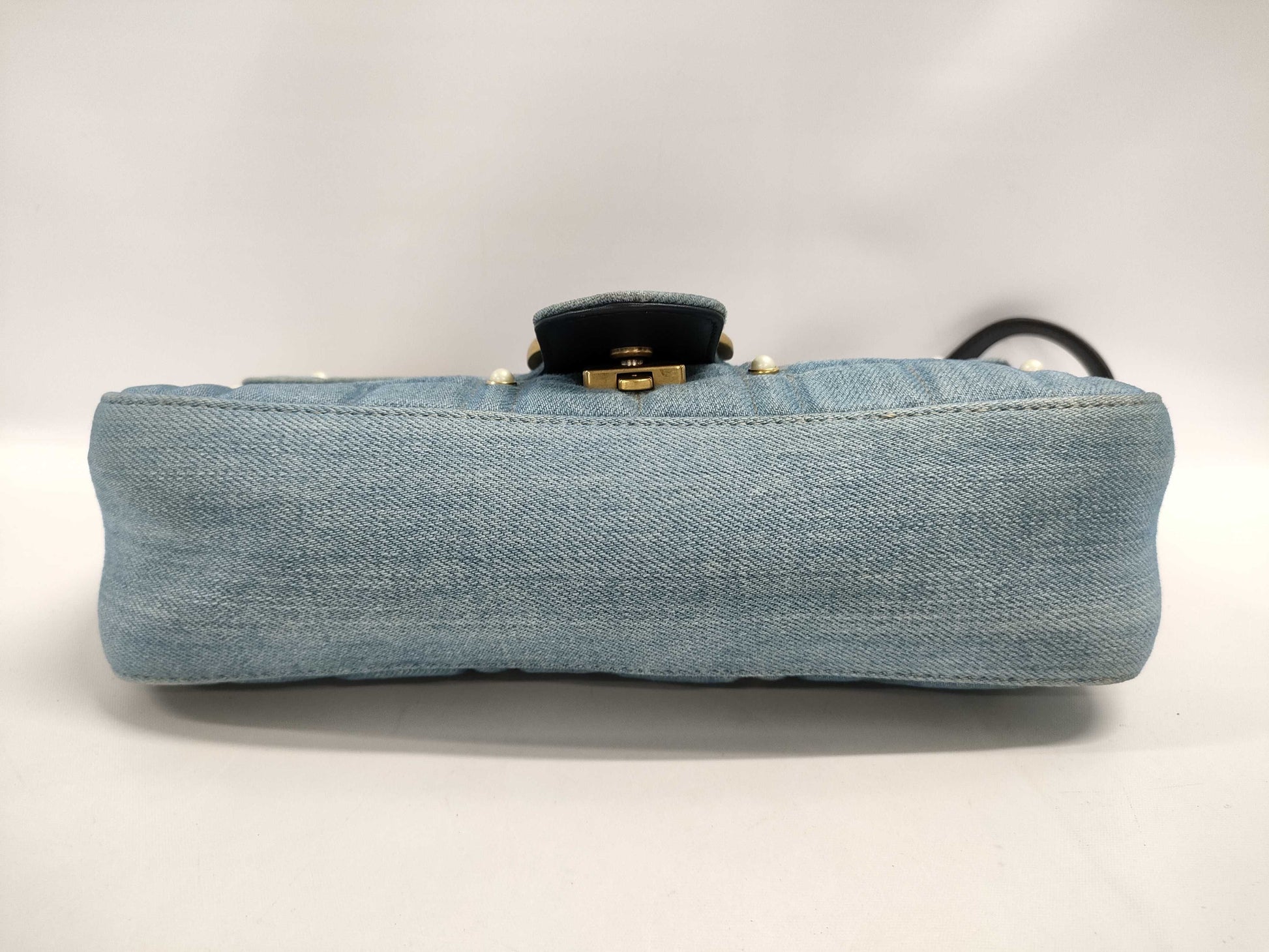 GUCCI GG Marmont Chain Shoulder Bag in Denim and Faux Pearl, Indigo Blue, 443497 498879