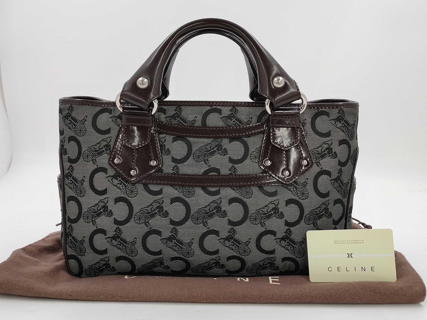 CELINE Boogie/Canvas/Enamel/Black x Brown Handbag