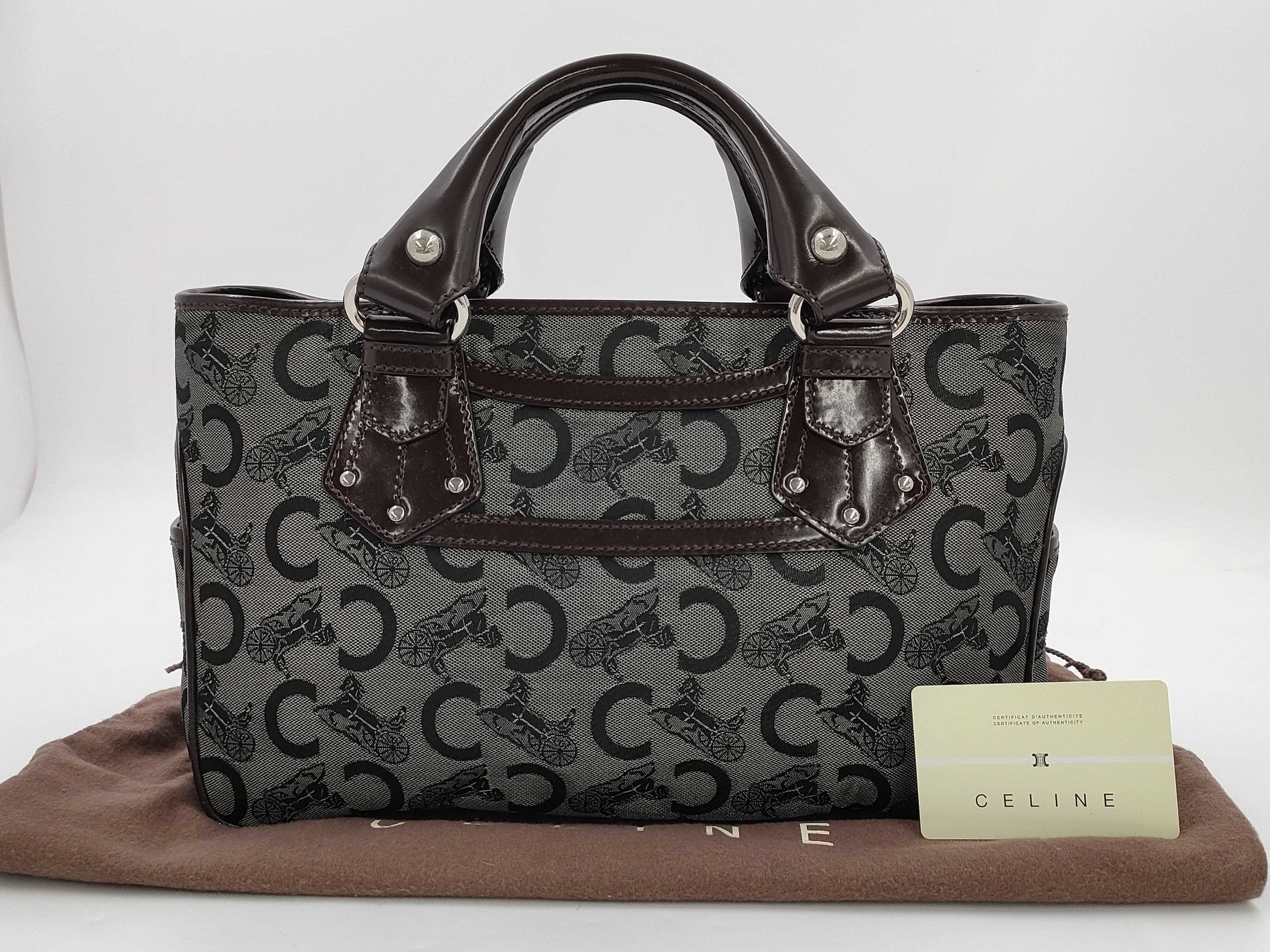 CELINE Boogie/Canvas/Enamel/Black x Brown Handbag