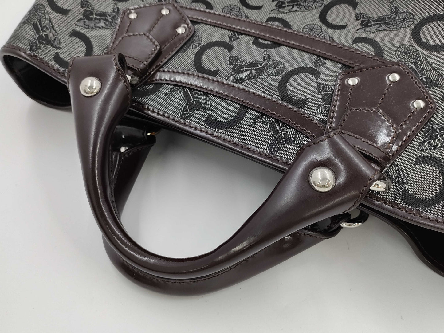CELINE Boogie/Canvas/Enamel/Black x Brown Handbag