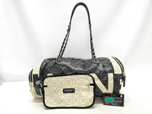 CHANEL Shoulder Bag 57428 BLACK+BEIGE Coated Canvas SILVER 25718271 Shoulder Bag