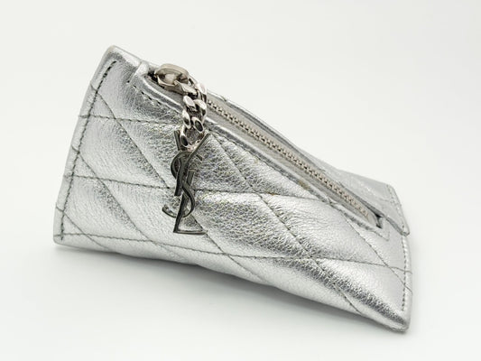 SAINT LAURENT 669925 Berlingo Triangle Leather YSL Logo Charm Coin Case with Keyring Metallic Silver Coin Case