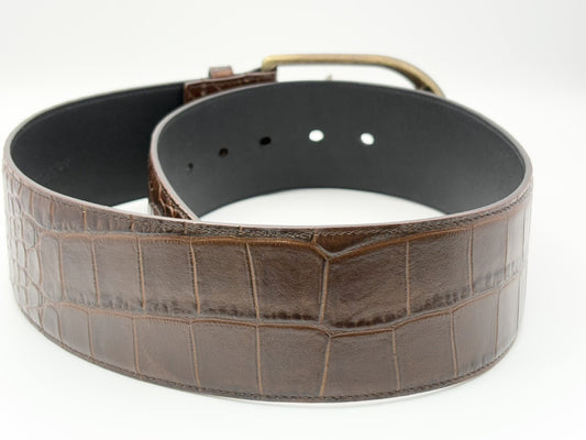 SAINT LAURENT GRZ619783 Crocodile Embossed Leather Belt 83/65 Brown Wide Thick Belt