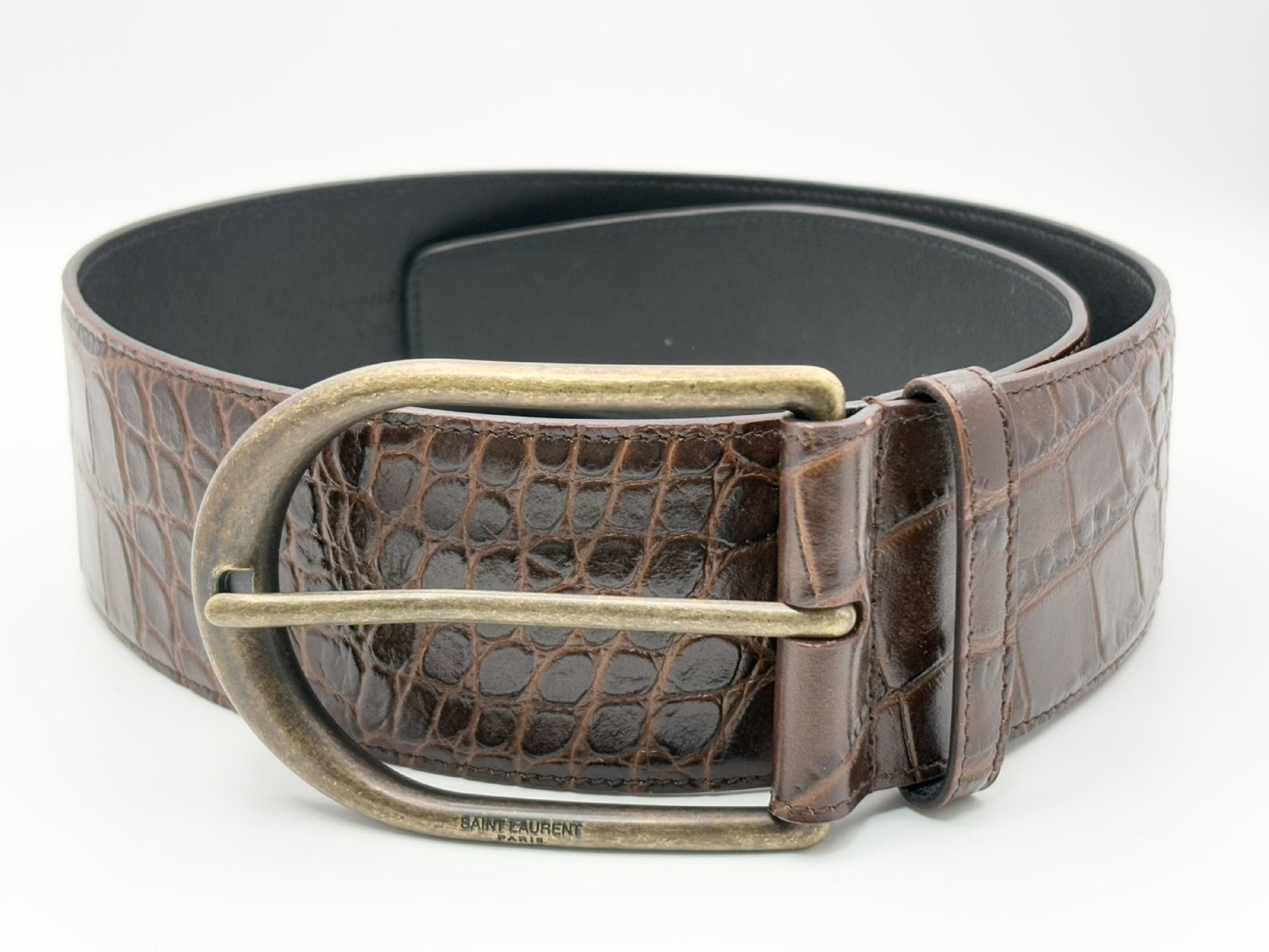 SAINT LAURENT GRZ619783 Crocodile Embossed Leather Belt 83/65 Brown Wide Thick Belt