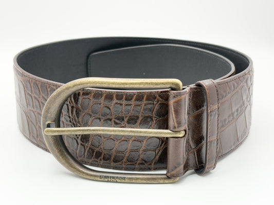 SAINT LAURENT GRZ619783 Crocodile Embossed Leather Belt 83/65 Brown Wide Thick Belt