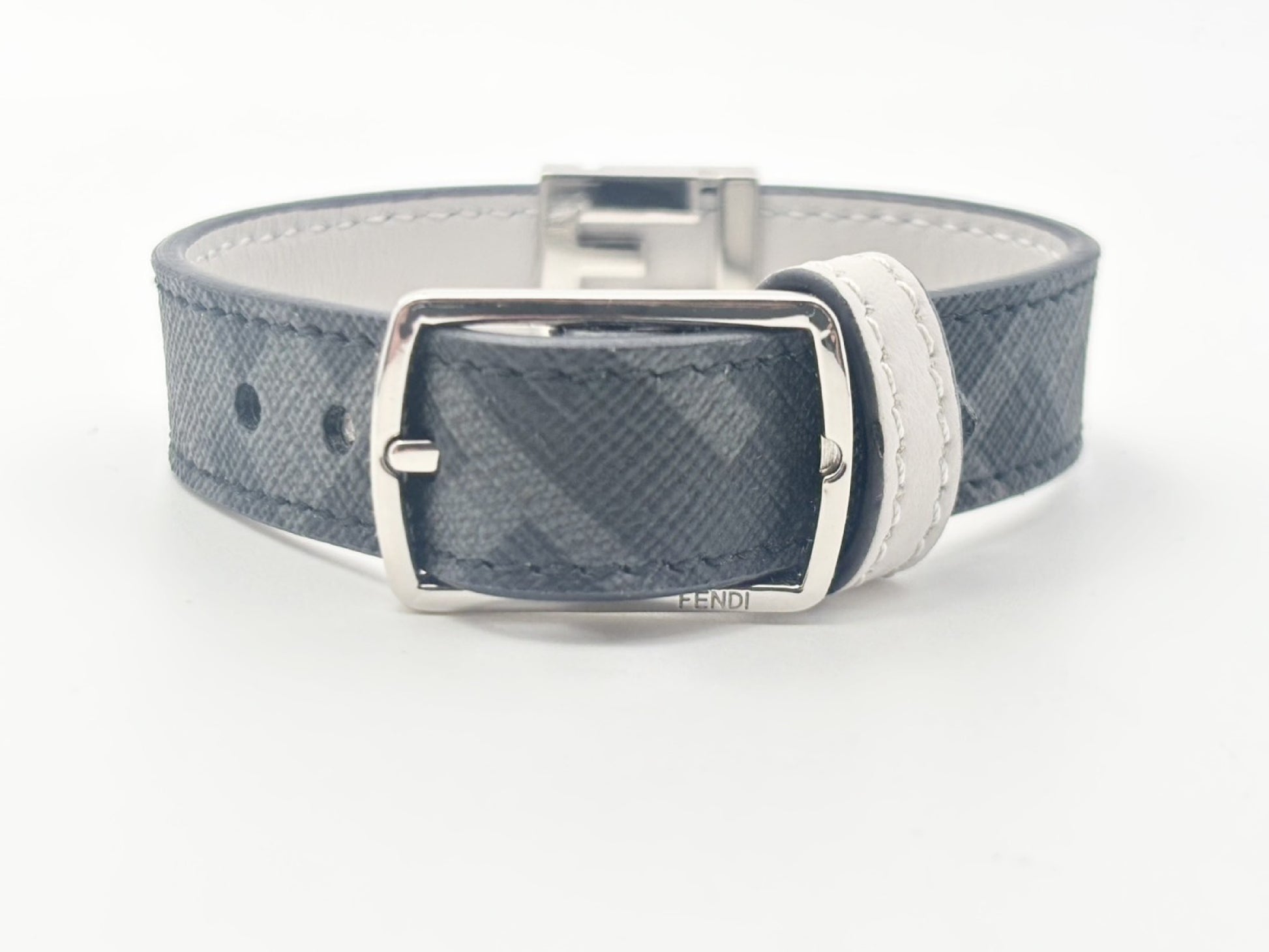 FENDI Fendi 7AJ682 FF Logo Reversible #S PVCx Leather Grey Current Bracelet Bangle