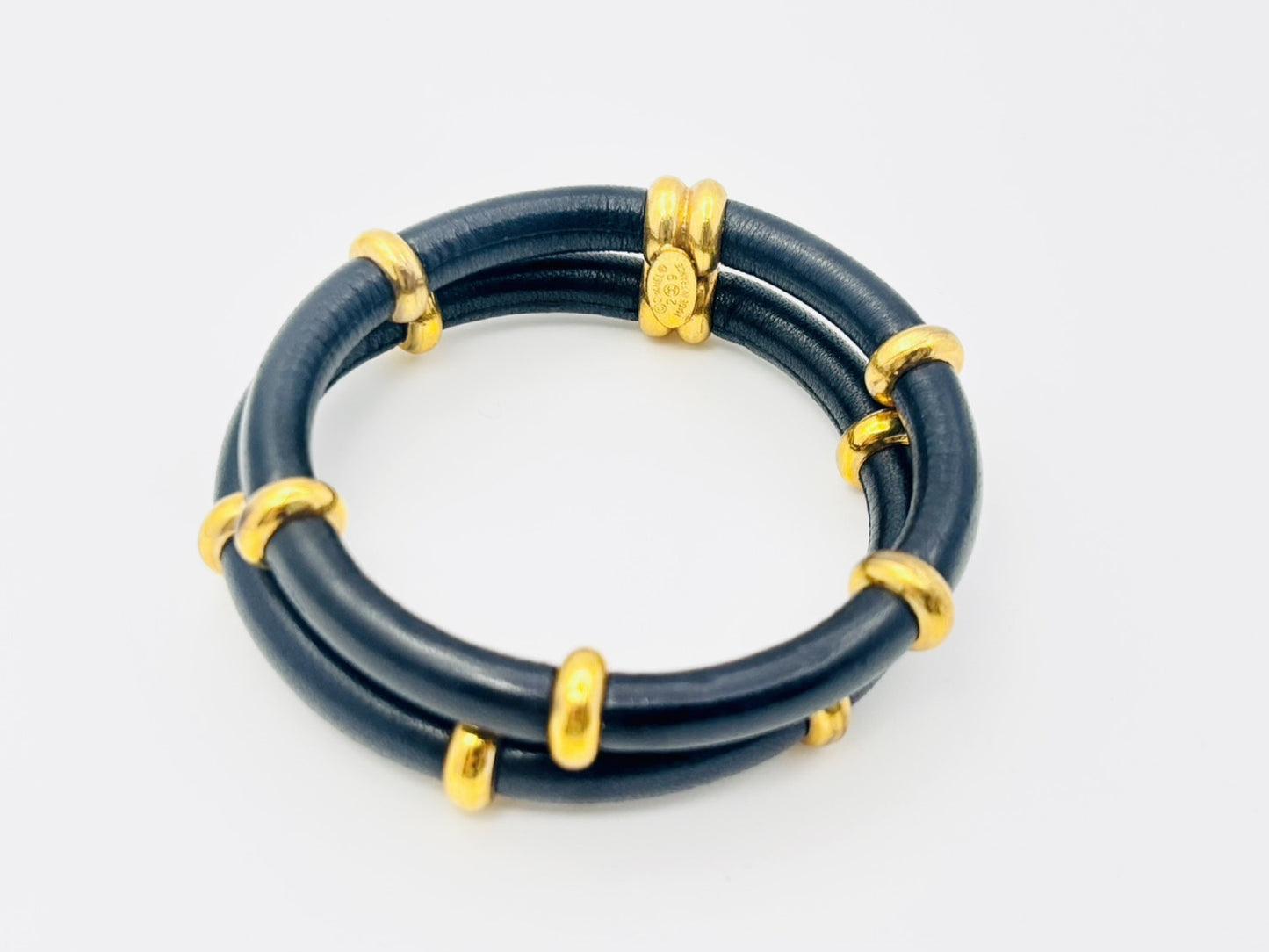 CHANEL Double Double Leather Bangle with Rice 29 Black x Gold Bracelet Bangle