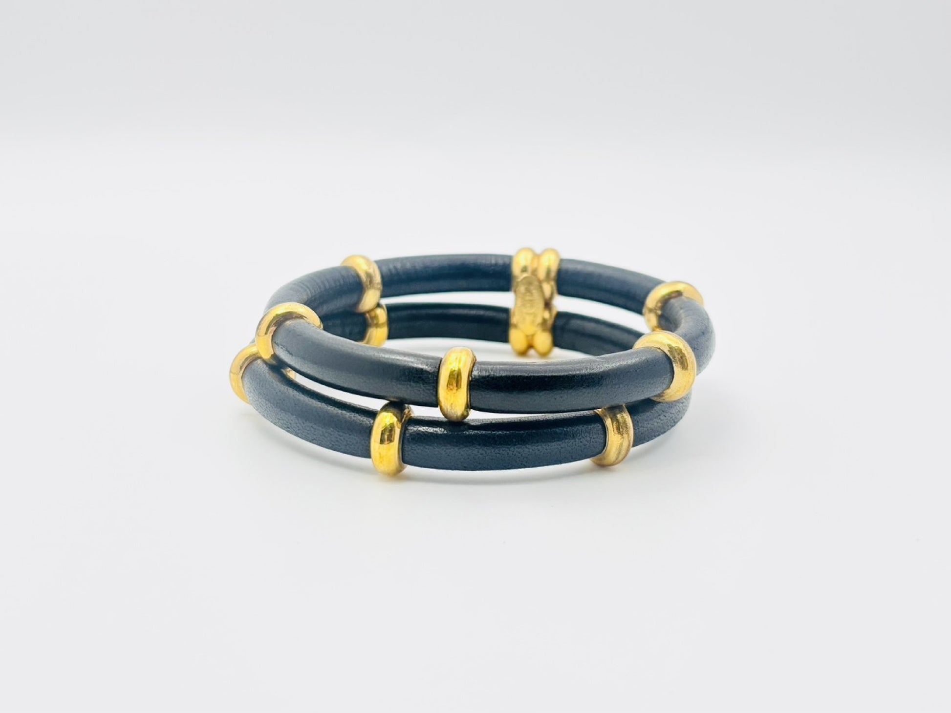 CHANEL Double Double Leather Bangle with Rice 29 Black x Gold Bracelet Bangle