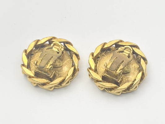 CHANEL Coco Mark Rhinestone Side Chain Round Earrings with Rice23 Earrings