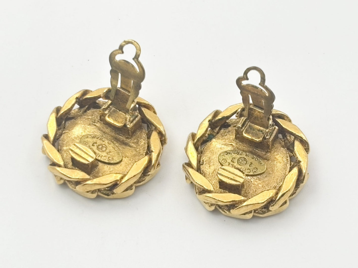 CHANEL Coco Mark Rhinestone Side Chain Round Earrings with Rice23 Earrings