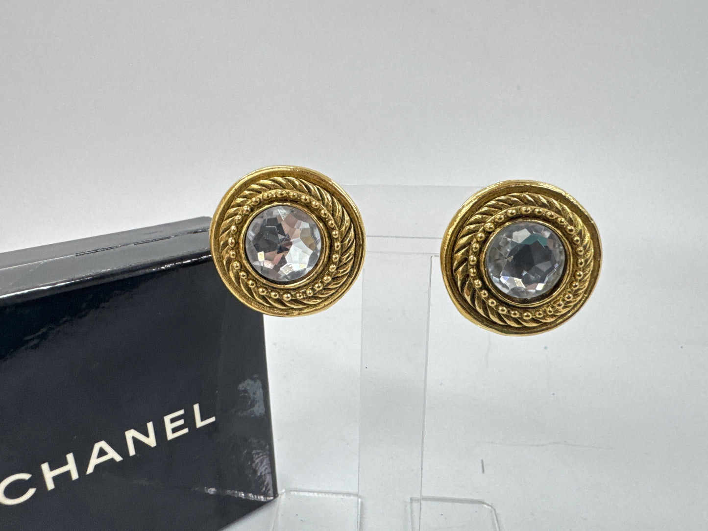 CHANEL Clear Stone Round Earrings