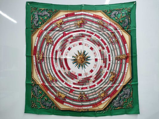 HERMES Carré 45 DIES ET HORE Astrology Silk Green Scarf