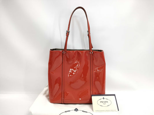 PRADA Dark Orange Enamel Mini Tote Bag