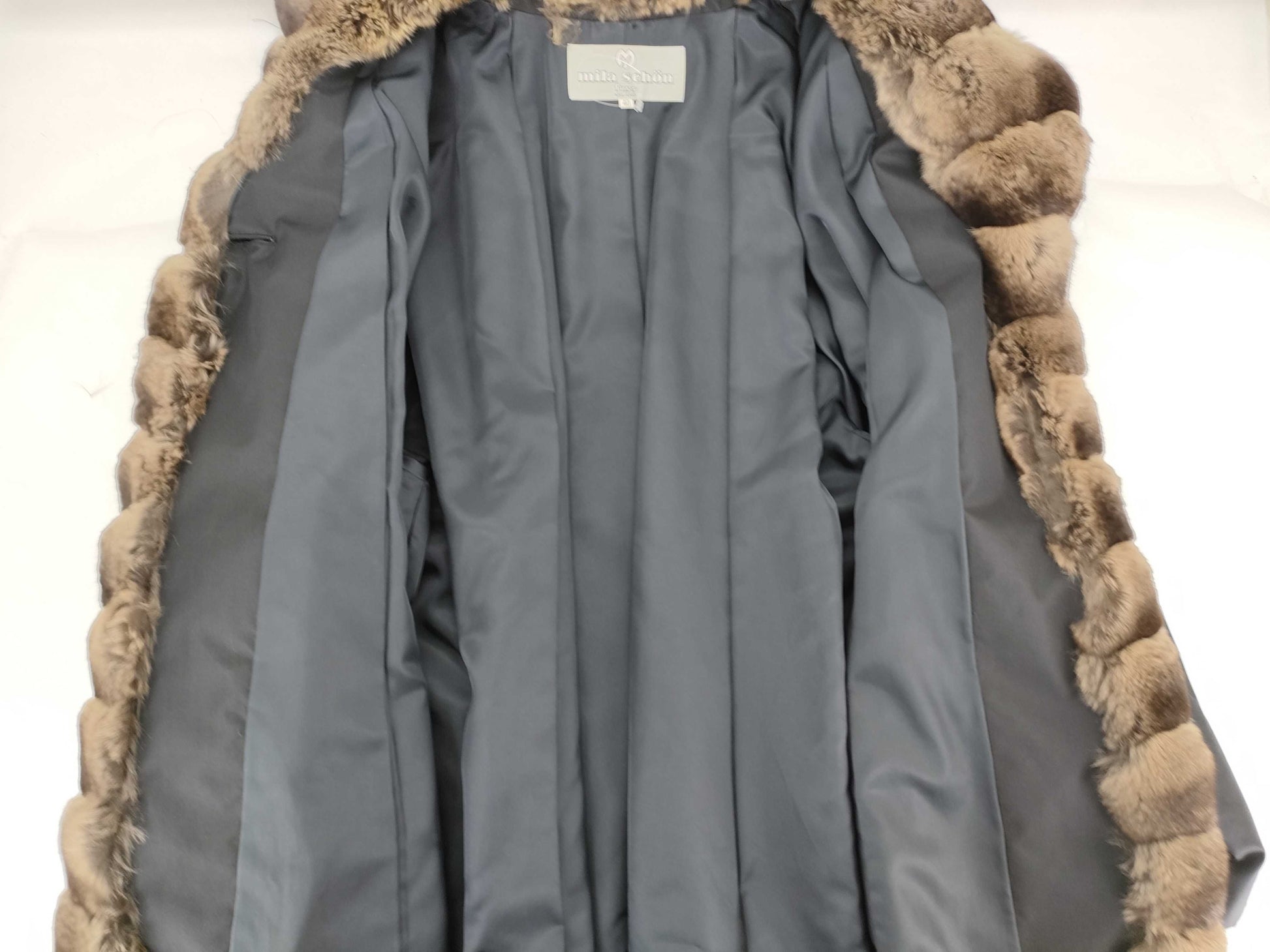 Mila Schon 100% Silk Coat with Chinchilla Fur, Size 40, Black, Dry Cleaned