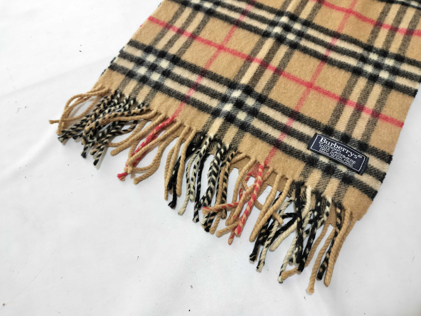 Burberrys Fringe Scarf, Nova Check, Made in England, 100% Cashmere, Beige