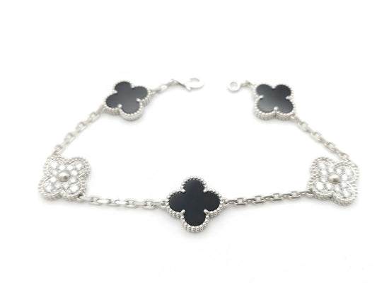 Van Cleef & Arpels Vintage Alhambra 5-Piece Onyx and Diamond Bracelet in WG Au750, 12.5g
