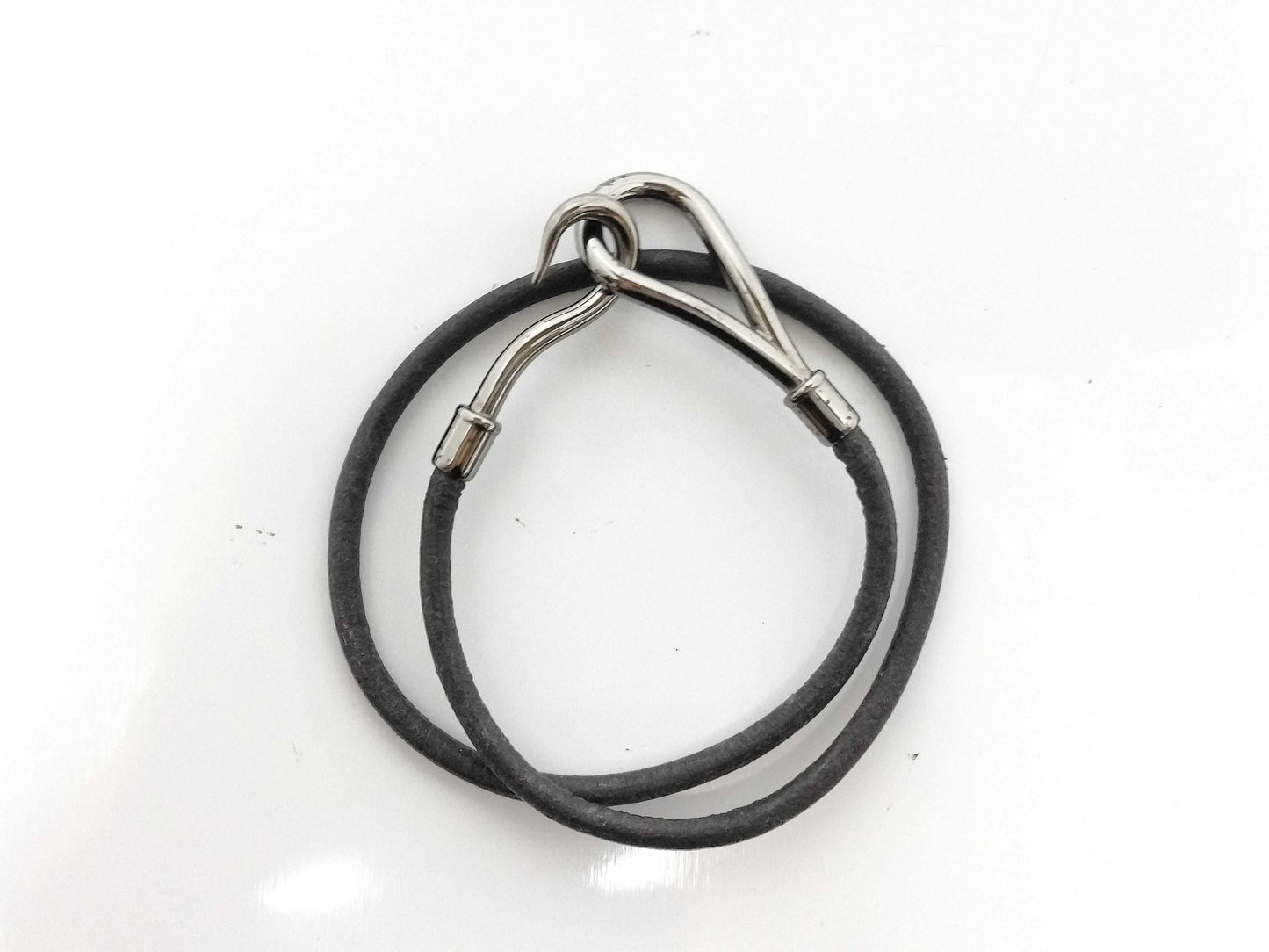 HERMES Silver x Leather Bracelet Jumbo Choker Bracelet/Bangle