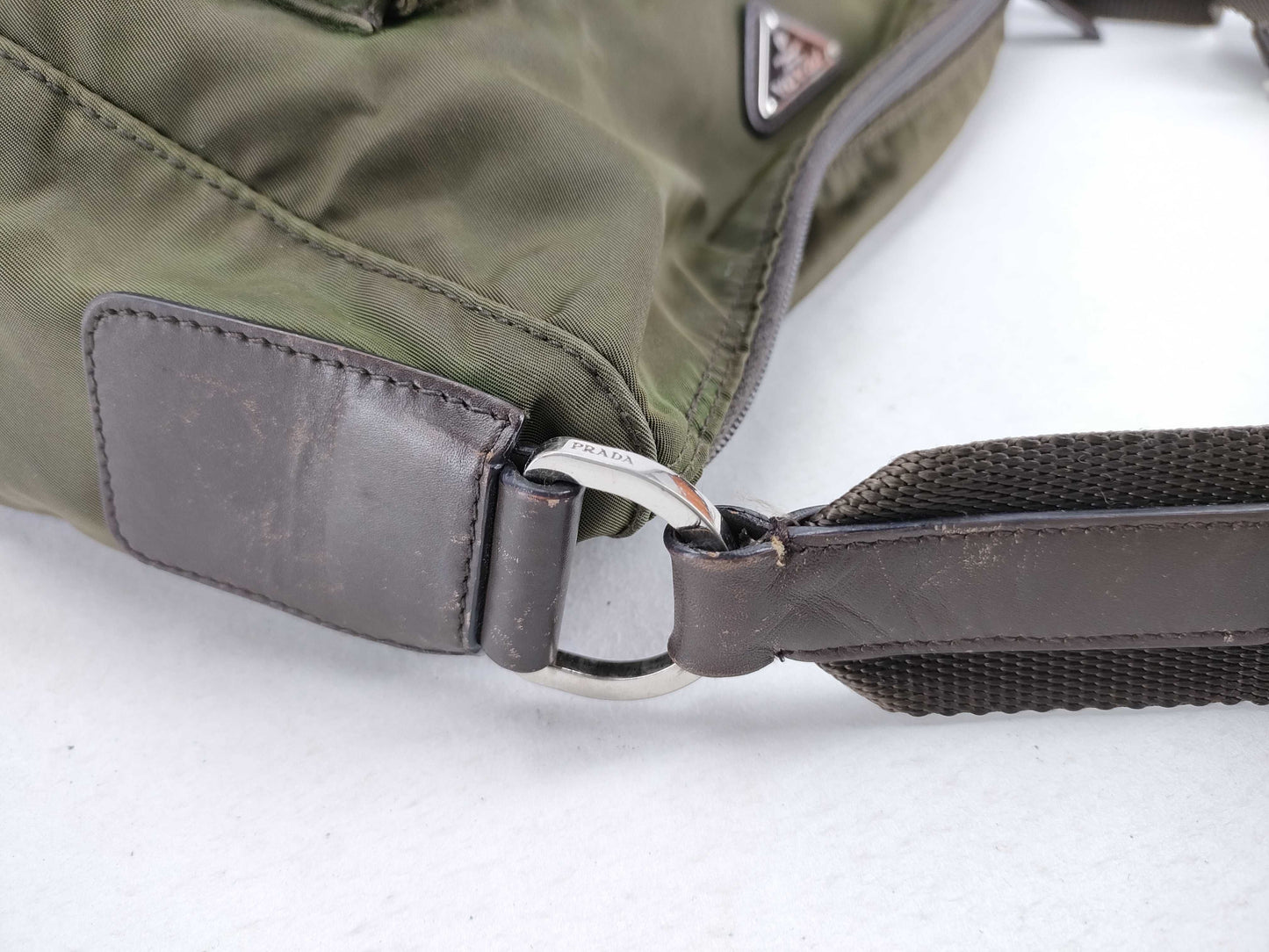 PRADA Nylon B1738 Nylon Shoulder Bag with Triangular Plate, Khaki and Brown