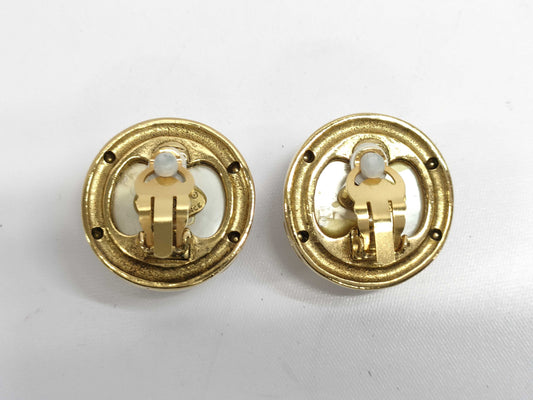 HERMES Chanel Coco Mark 23 Faux Pearl Gold Earrings