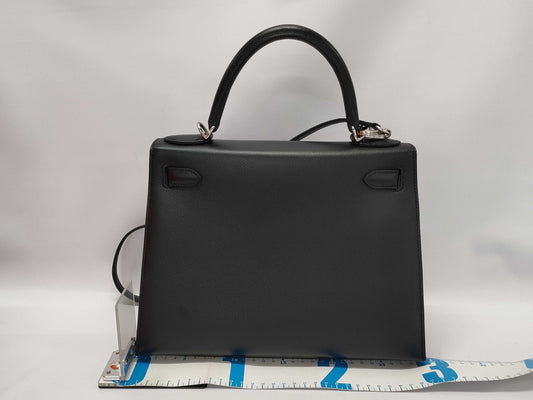 HERMES Kelly 28 Epsom Leather Black Stainless Steel Shoulder Bag with D Stamp