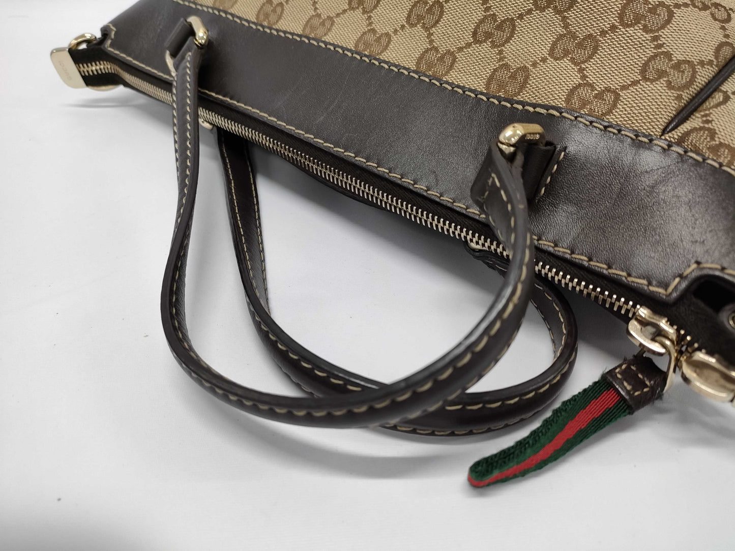 GUCCI Brown Leather Trim Monogram Bow Handbag with Strap Tote Bag