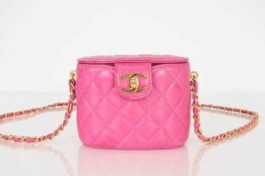 CHANEL Matelasse Lamb Mini Vanity Chain Shoulder Bag with Medium Mirror, Pink