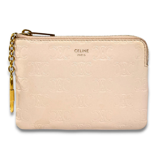 CELINE Smooth Calfskin Triomphe Embossed Coin and Card Pouch Smooth Calfskin Triomphe Embossed Coin and Card Holder with Key Hook W Coin Case