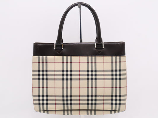 BURBERRY Nova Check x Leather Handbag, Dark Brown