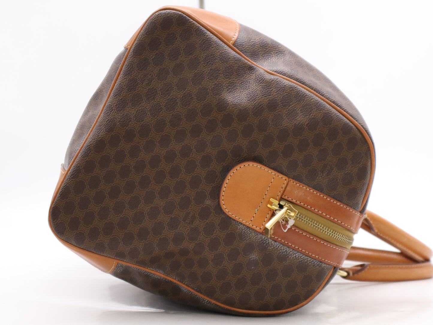 CELINE Macadam Boston Bag, Brown, GD Hardware, with Padlock, Key, Name Tag, and Cloche.