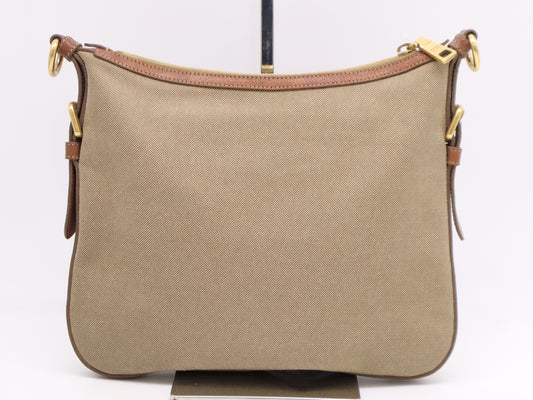 PRADA Leather Jacquard Logo Shoulder Bag in Beige and Brown with GD Hardware, Shoulder Strap, and Name Tag