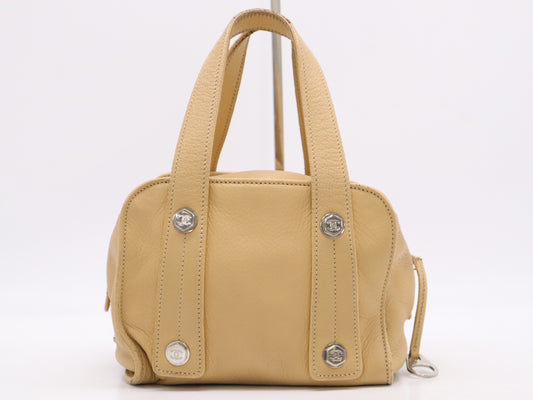 CHANEL Leather Coco Mark Bolt Handbag, Beige, Silver Hardware, Sticker, Card Included, 10101512 Handbag