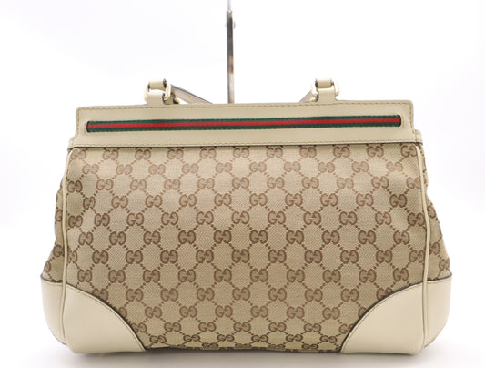GUCCI Leather GG Canvas Princess Shoulder Bag with Sherry Ribbon, Beige Tote Bag