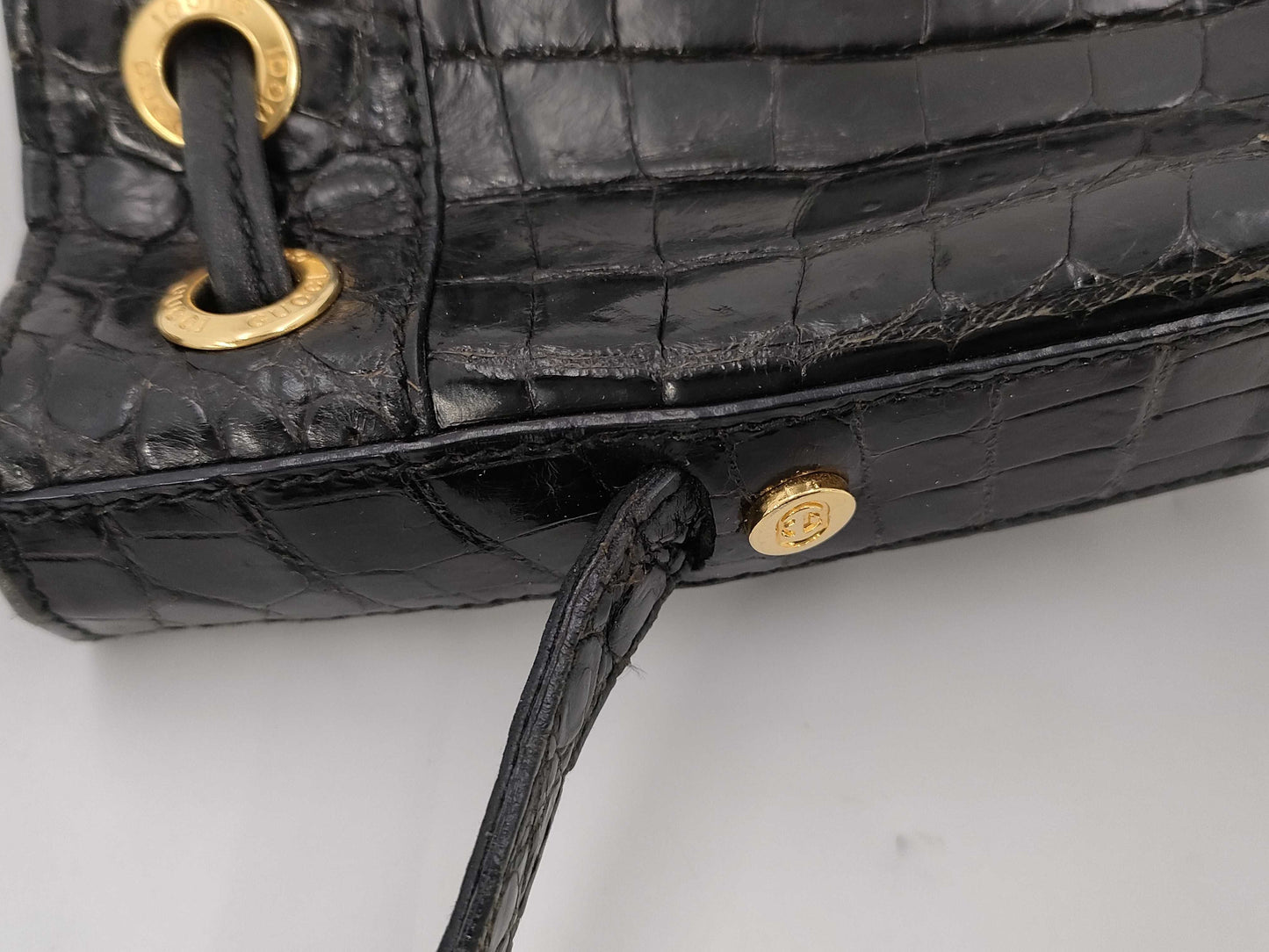 GUCCI Crocodile Bamboo Mini Drawstring Shoulder Bag Black Shoulder Bag