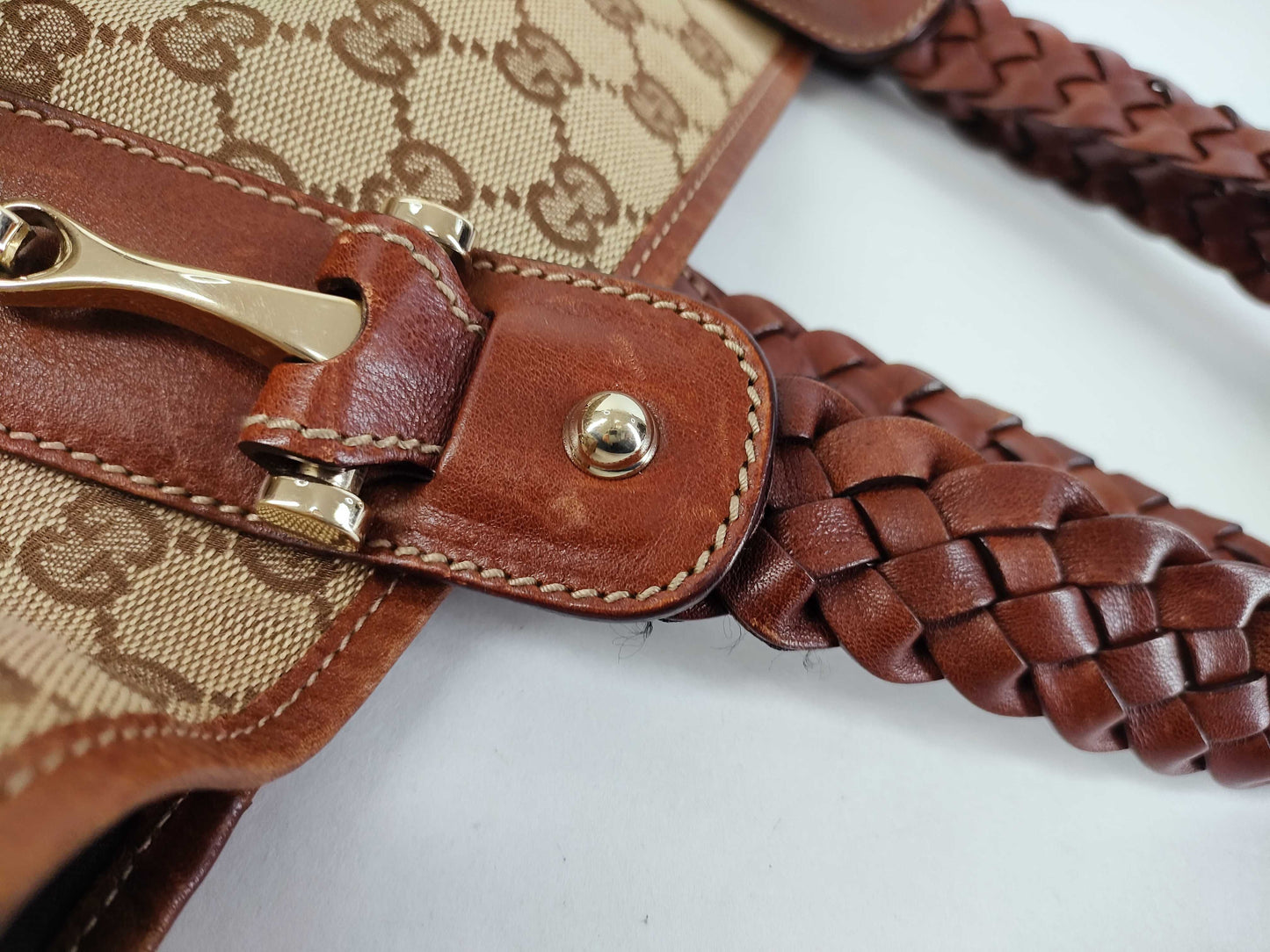 GUCCI GG Canvas Horsebit Tote Bag, Handbag, Leather, Brown