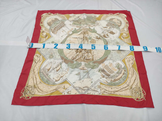 HERMES 100% Silk Carré 90 AU DELA DES CINQ MERS Across the Five Seas Red Blue Scarf