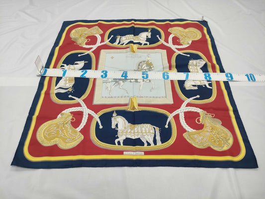 HERMES 100% Silk Carré 90 GRAND APPARAT Horse in Full Dress Red and Blue Scarf