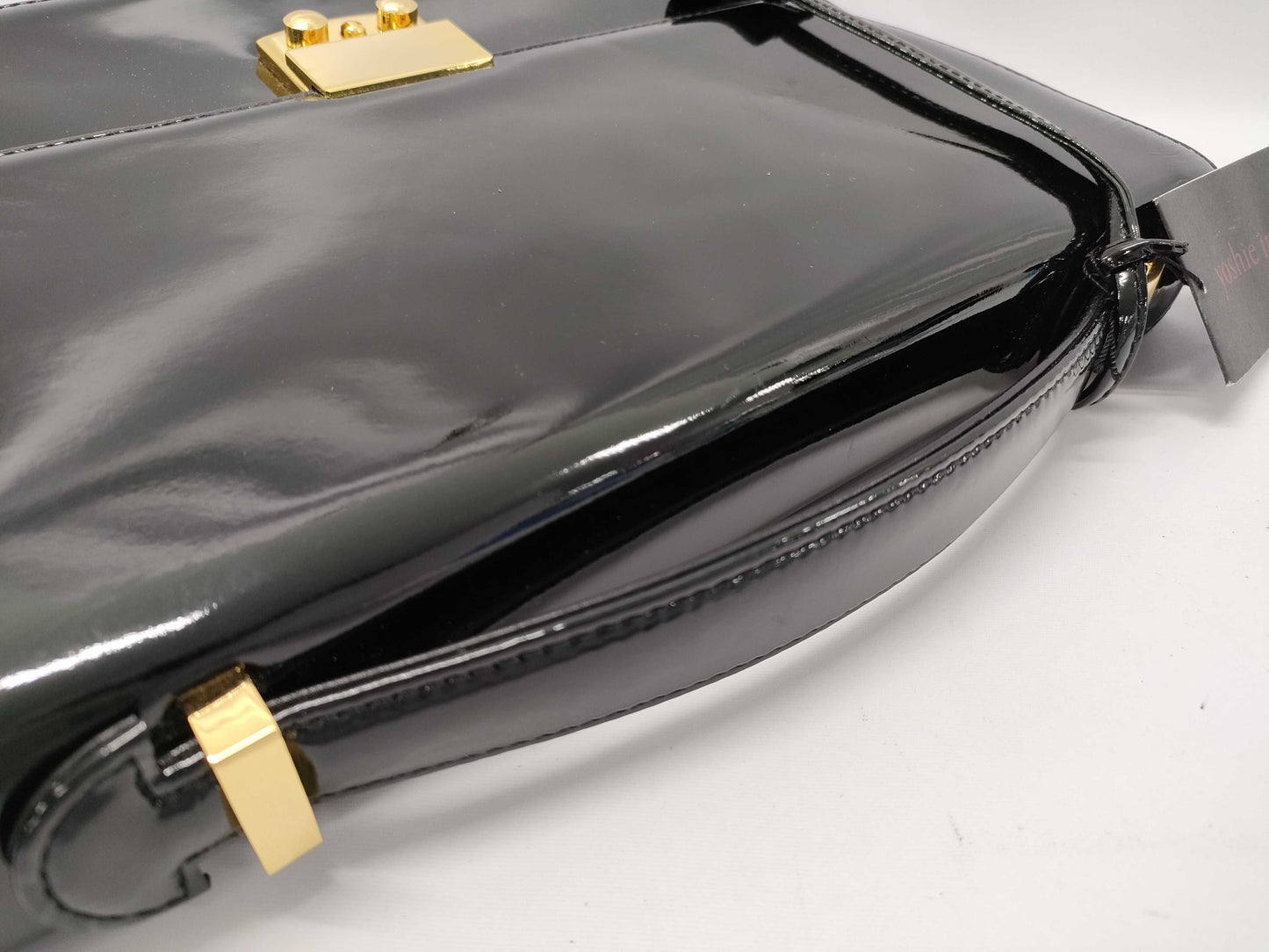 YOSHIE INABA Patent Leather 2-Way Handbag in Black with Key, Strap, and Cloche
