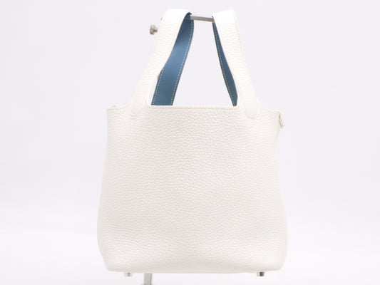 HERMES Taurillon Picotin 18 PM Eclat White Blue Handbag with Box and Dust Bag